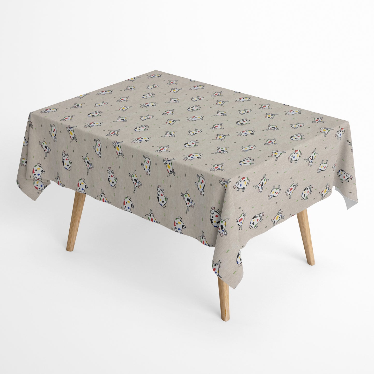 Jacquard-Tischdecke aus beschichteter Baumwolle in Natur mit buntem Kuhmotiv, fleckenabweisend.