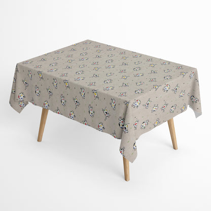 Jacquard-Tischdecke aus beschichteter Baumwolle in Natur mit buntem Kuhmotiv, fleckenabweisend.