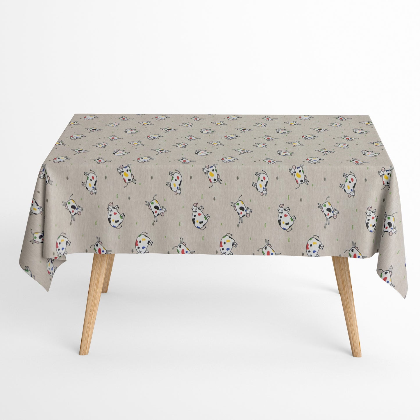 Jacquard-Tischdecke aus beschichteter Baumwolle in Natur mit buntem Kuhmotiv, fleckenabweisend.
