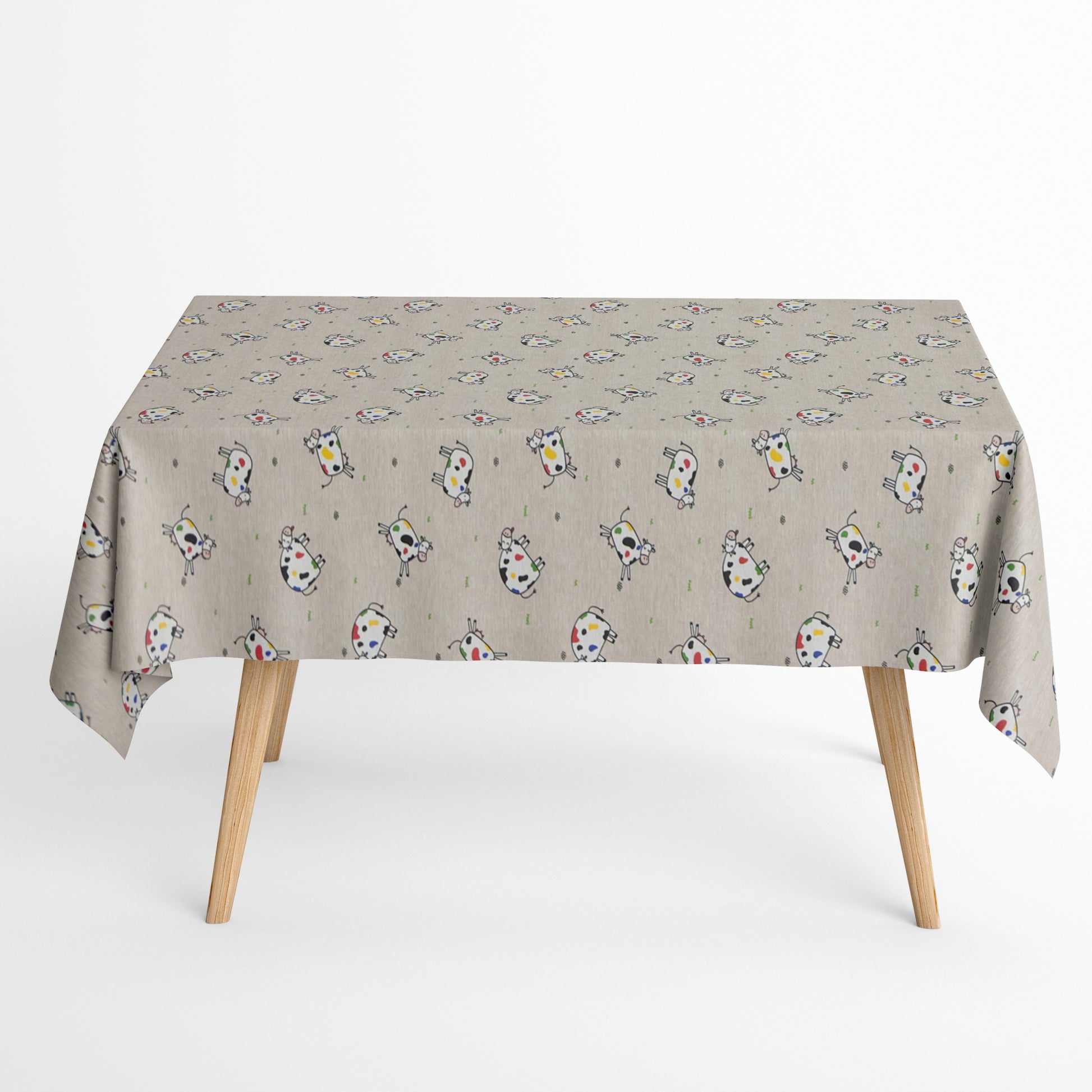 Jacquard-Tischdecke aus beschichteter Baumwolle in Natur mit buntem Kuhmotiv, fleckenabweisend.