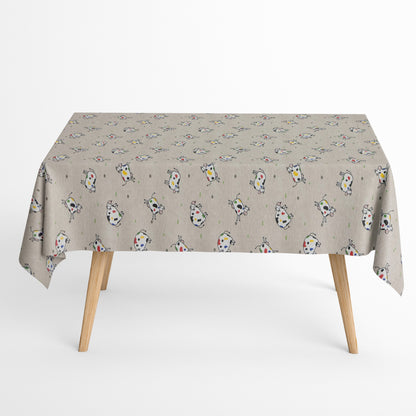 Jacquard-Tischdecke aus beschichteter Baumwolle in Natur mit buntem Kuhmotiv, fleckenabweisend.