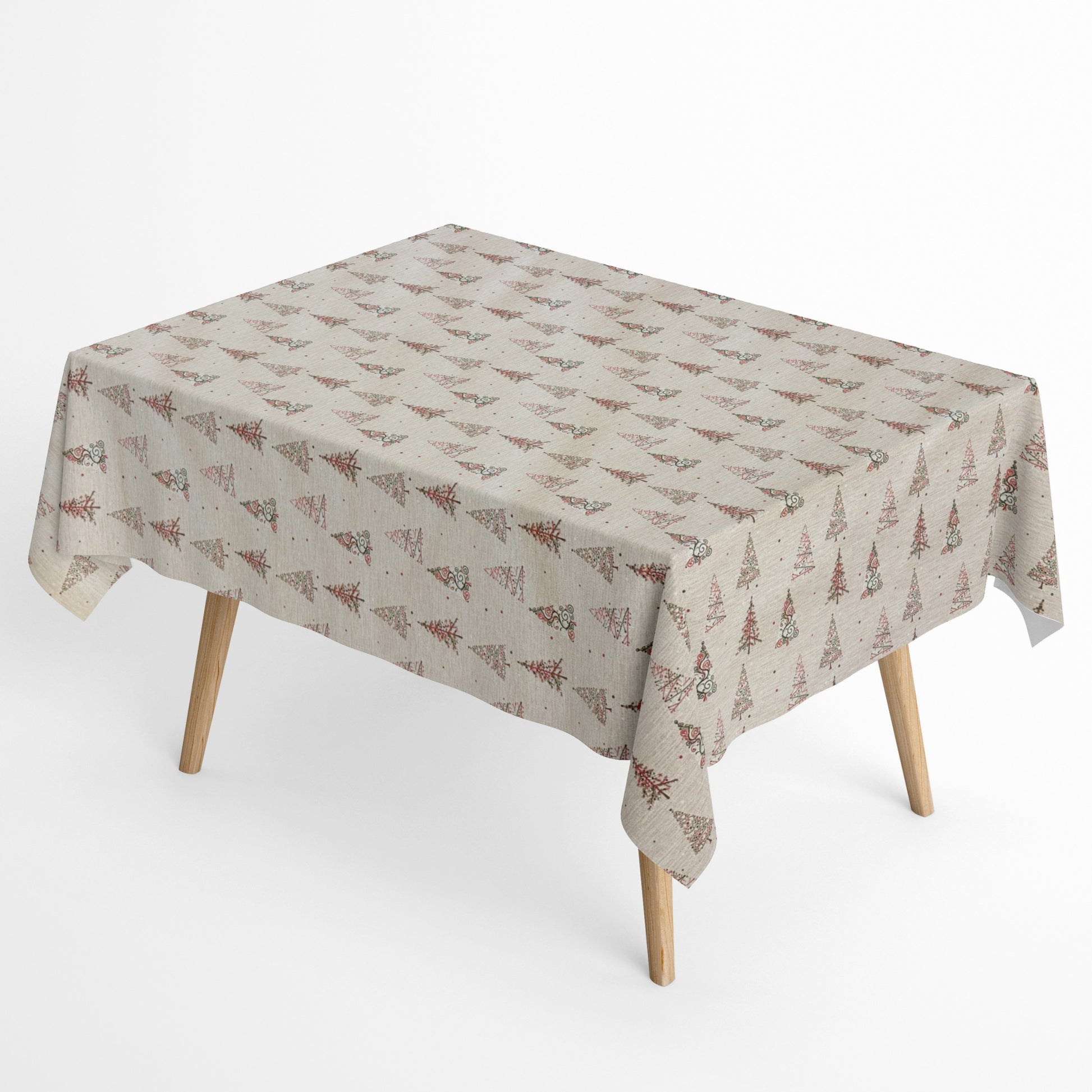 Jacquard Tischdecke aus beschichteter Baumwolle mit Weihnachtsmotiv aus kleinen Tannenbäumen in Rot und Grün, fleckenabweisend und pflegeleicht.