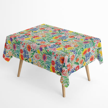 Jacquard Tischdecke aus beschichteter Baumwolle mit buntem, floralen Aquarellmuster in lebendigen Farben, fleckenabweisend und pflegeleicht.