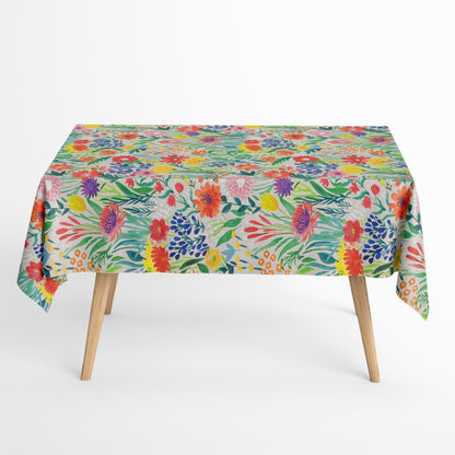 Jacquard Tischdecke aus beschichteter Baumwolle mit buntem, floralen Aquarellmuster in lebendigen Farben, fleckenabweisend und pflegeleicht.