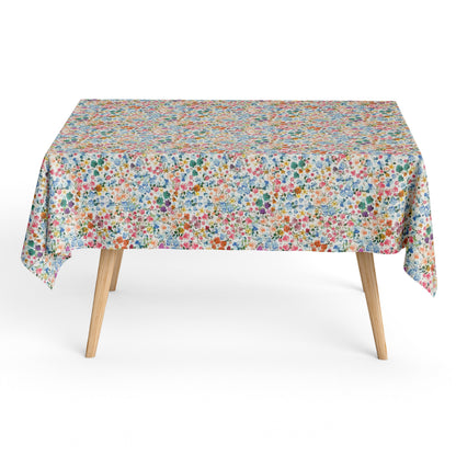 Nappe jacquard en coton enduit avec protection antitache DG135 fleurs de prairie colorées carrées rondes ovales