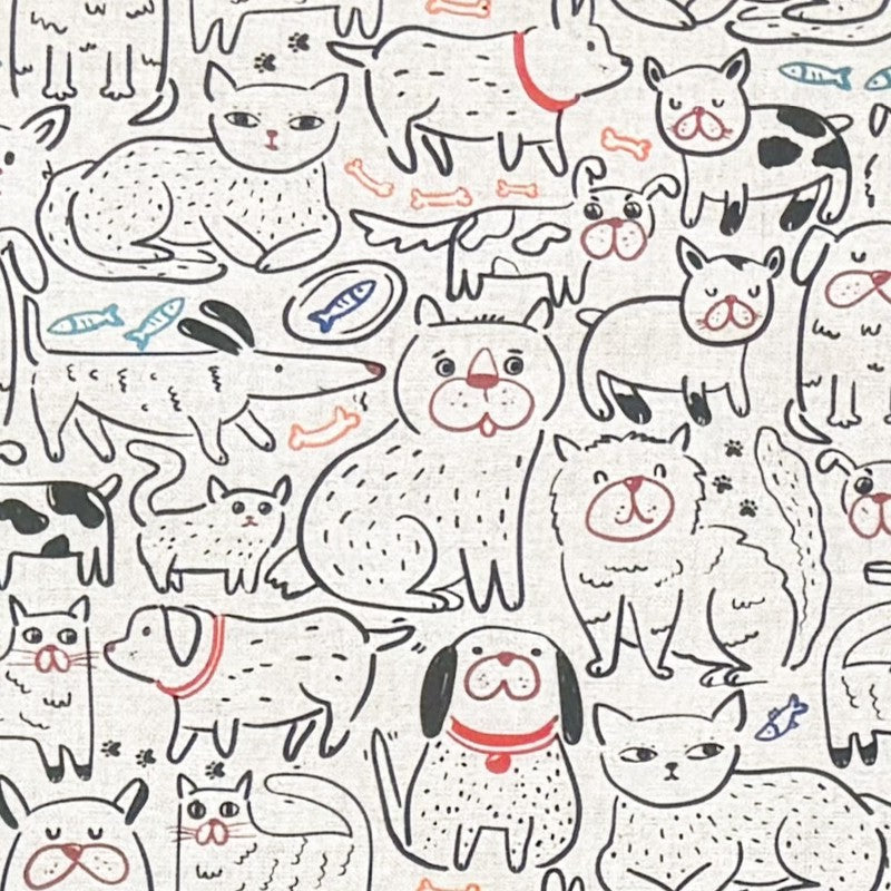Beschichtete Baumwoll-Tischdecke mit Fleckenschutz im Design DP160, bedruckt mit einem verspielten Allover-Muster aus gezeichneten Hunden und Katzen sowie kleinen Motiven wie Knochen, Fischen, Pfoten und Halsbändern auf hellem Hintergrund.