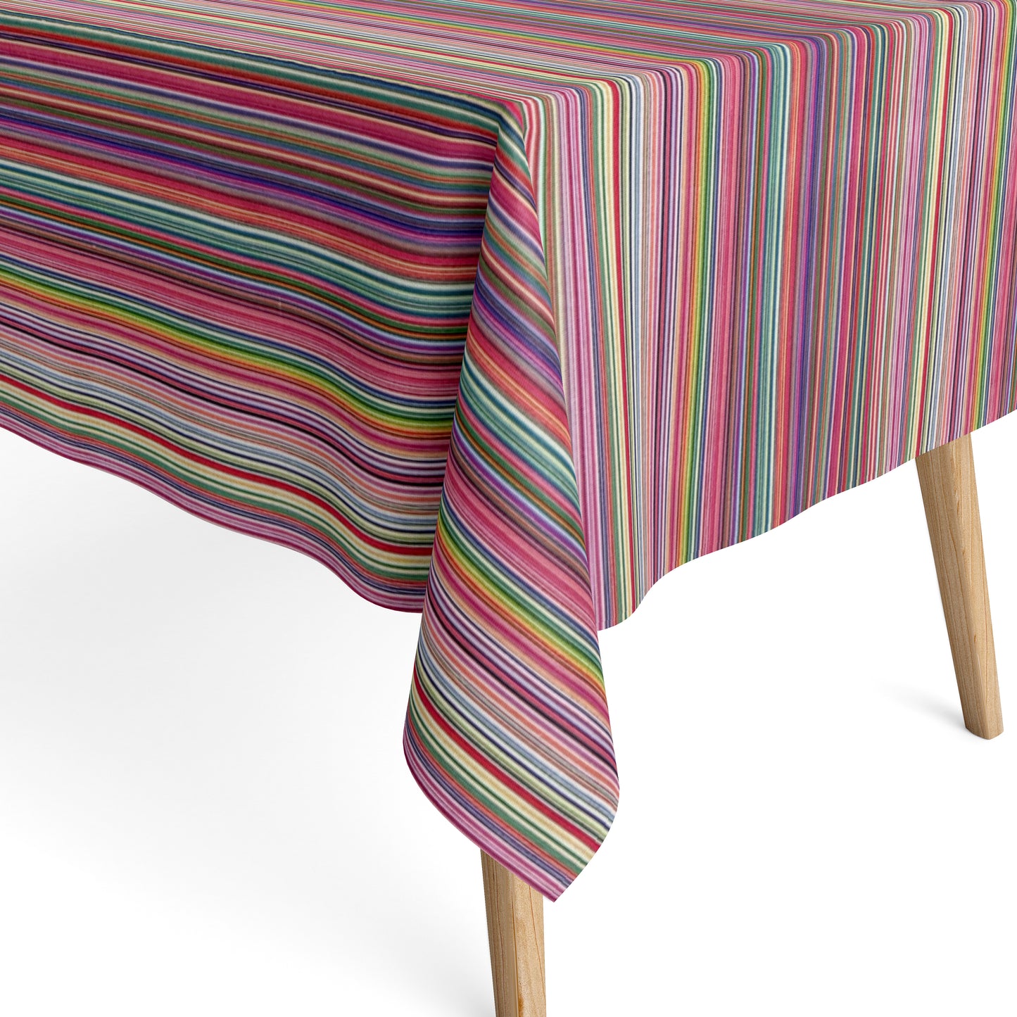 Beschichtete Baumwoll-Tischdecke mit Fleckenschutz im Design DP177, weißer Hintergrund mit einem dichten Streifenmuster aus feinen, bunten Linien in Pink, Rot, Blau, Grün, Gelb, Lila und weiteren Farbtönen.