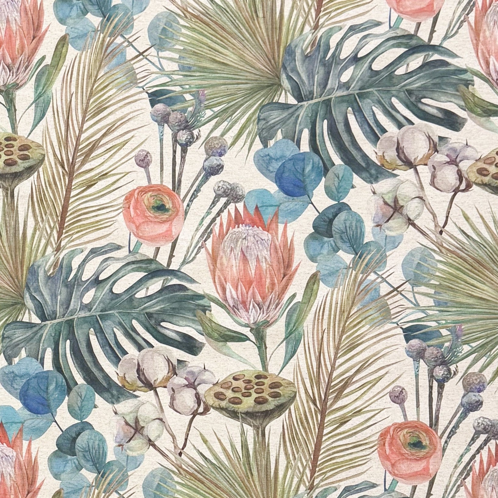 Beschichtete Jacquard-Baumwolltischdecke mit tropischem Pflanzenmotiv aus großen Blättern, exotischen Blüten und botanischen Elementen in Blau-, Grün-, Korall- und Naturtönen, fleckengeschützt und schmutzabweisend.