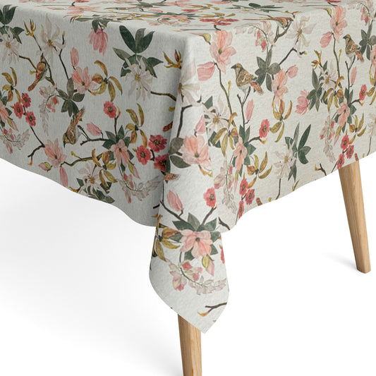 Jacquard tablecloth coated cotton DP546 magnolia blossoms birds square round oval
