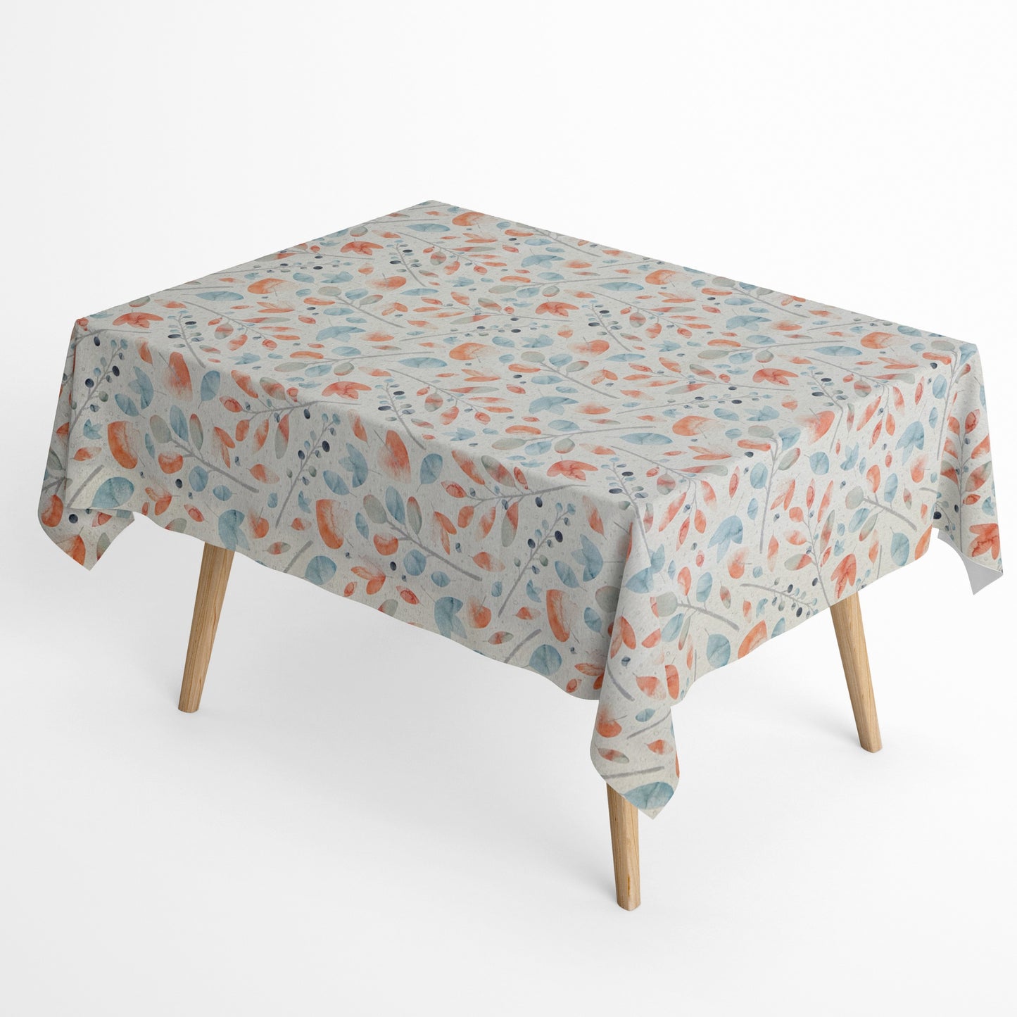 Beschichtete Jacquard-Baumwolltischdecke mit zartem Aquarell-Blättermuster in Koralle, Hellblau, Grau und Naturtönen, fleckengeschützt und schmutzabweisend.