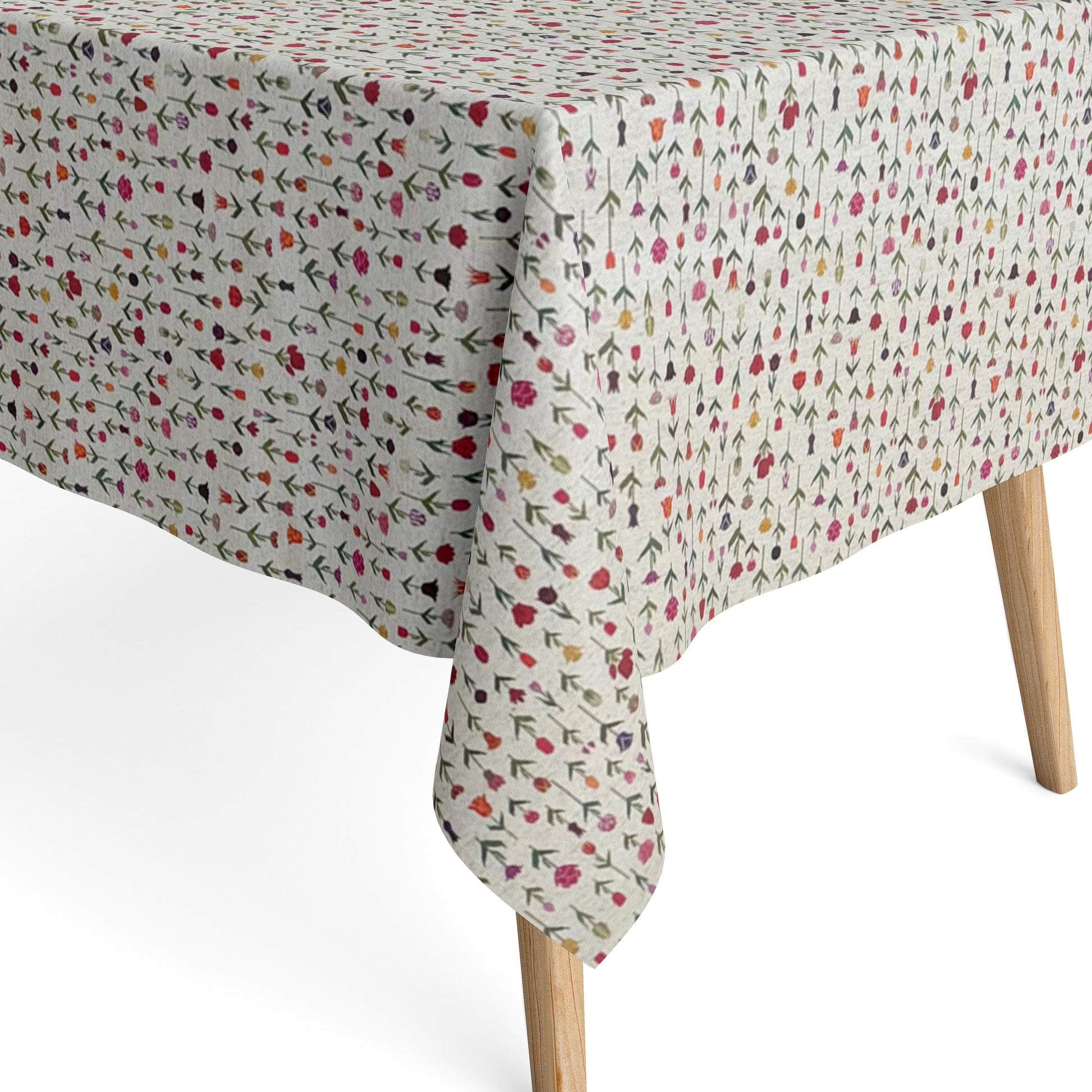 Beschichtete Jacquard-Baumwolltischdecke mit zartem Streublumenmuster aus kleinen bunten Blüten auf naturfarbenem Hintergrund, fleckengeschützt und schmutzabweisend.