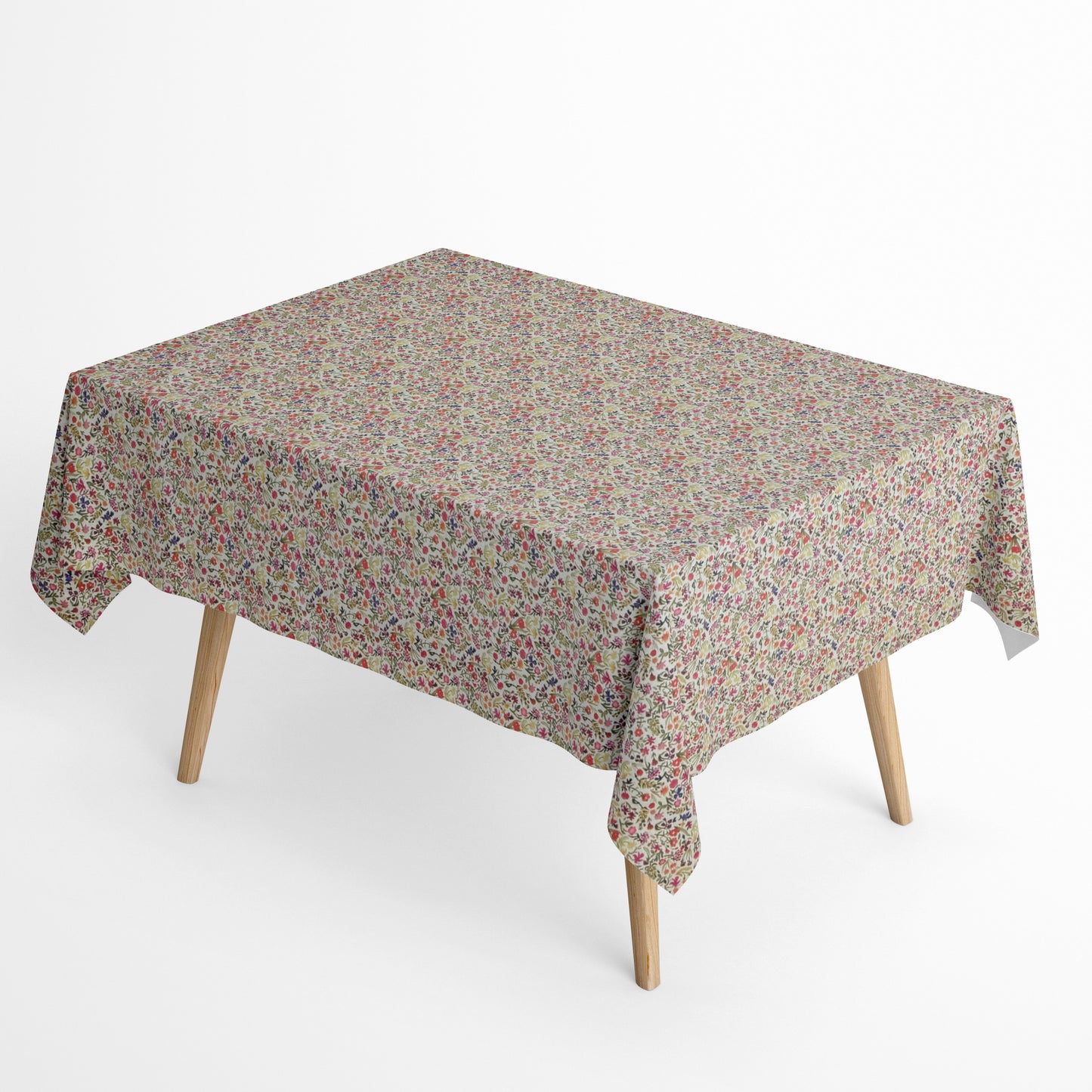 Beschichtete Jacquard-Baumwolltischdecke mit dichtem Streublumenmuster aus kleinen Blüten und feinen Ranken in Rosa, Koralle, Gelb, Grün und Violett auf naturfarbenem Hintergrund, fleckengeschützt und schmutzabweisend.
