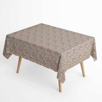 Beschichtete Jacquard-Baumwolltischdecke mit dichtem Streublumenmuster aus kleinen Blüten und feinen Ranken in Rosa, Koralle, Gelb, Grün und Violett auf naturfarbenem Hintergrund, fleckengeschützt und schmutzabweisend.