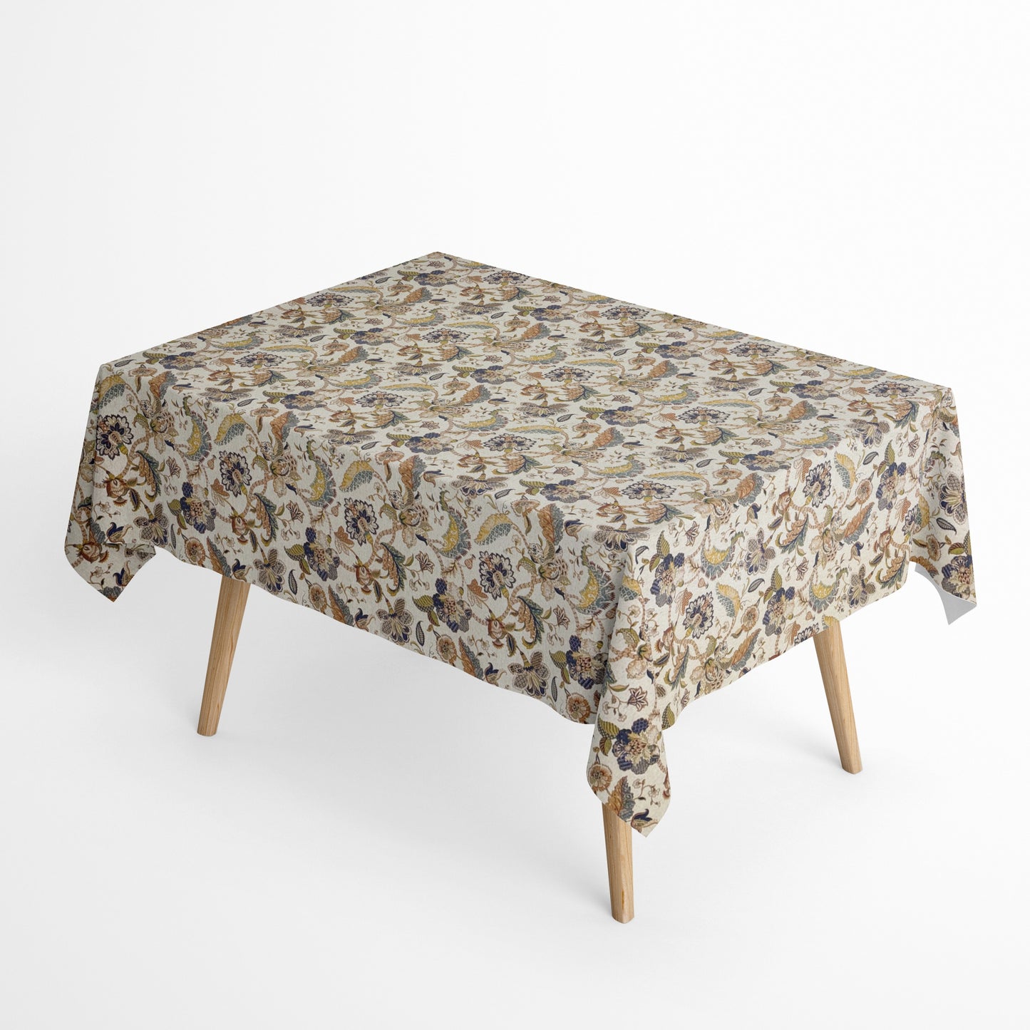 Beschichtete Jacquard-Baumwolltischdecke im Boho- und Indi-Stil mit floralem Paisley-Ornamentmuster in Blau, Gold, Beige, Grün und Braun, fleckengeschützt und schmutzabweisend.