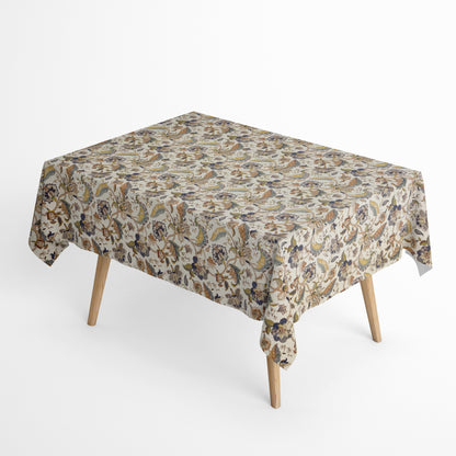 Beschichtete Jacquard-Baumwolltischdecke im Boho- und Indi-Stil mit floralem Paisley-Ornamentmuster in Blau, Gold, Beige, Grün und Braun, fleckengeschützt und schmutzabweisend.