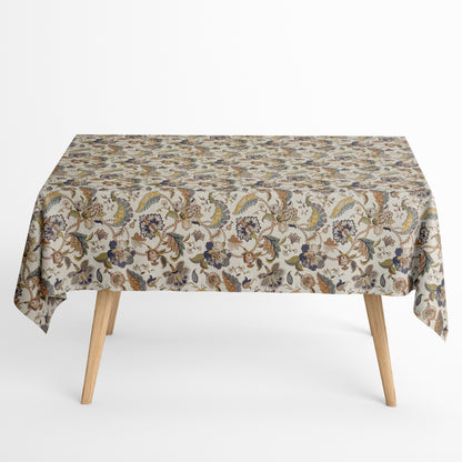 Beschichtete Jacquard-Baumwolltischdecke im Boho- und Indi-Stil mit floralem Paisley-Ornamentmuster in Blau, Gold, Beige, Grün und Braun, fleckengeschützt und schmutzabweisend.