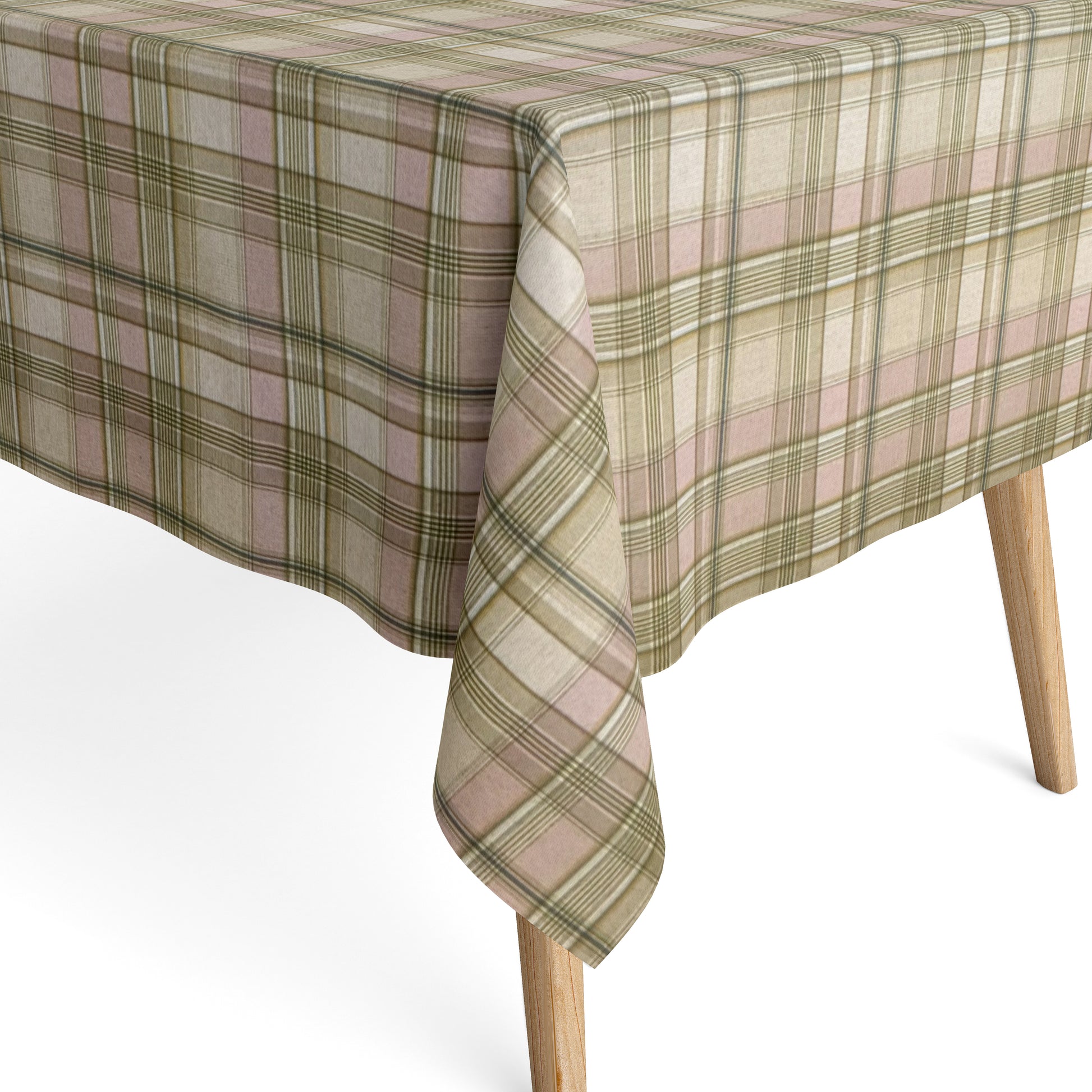 Beschichtete Jacquard-Baumwolltischdecke mit klassischem Karomuster in Beige, Taupe, Olivgrün und Rosé, fleckengeschützt und schmutzabweisend für den täglichen Gebrauch.