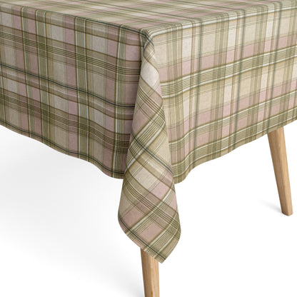 Beschichtete Jacquard-Baumwolltischdecke mit klassischem Karomuster in Beige, Taupe, Olivgrün und Rosé, fleckengeschützt und schmutzabweisend für den täglichen Gebrauch.