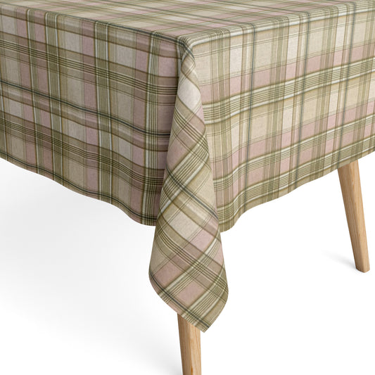 Beschichtete Jacquard-Baumwolltischdecke mit klassischem Karomuster in Beige, Taupe, Olivgrün und Rosé, fleckengeschützt und schmutzabweisend für den täglichen Gebrauch.
