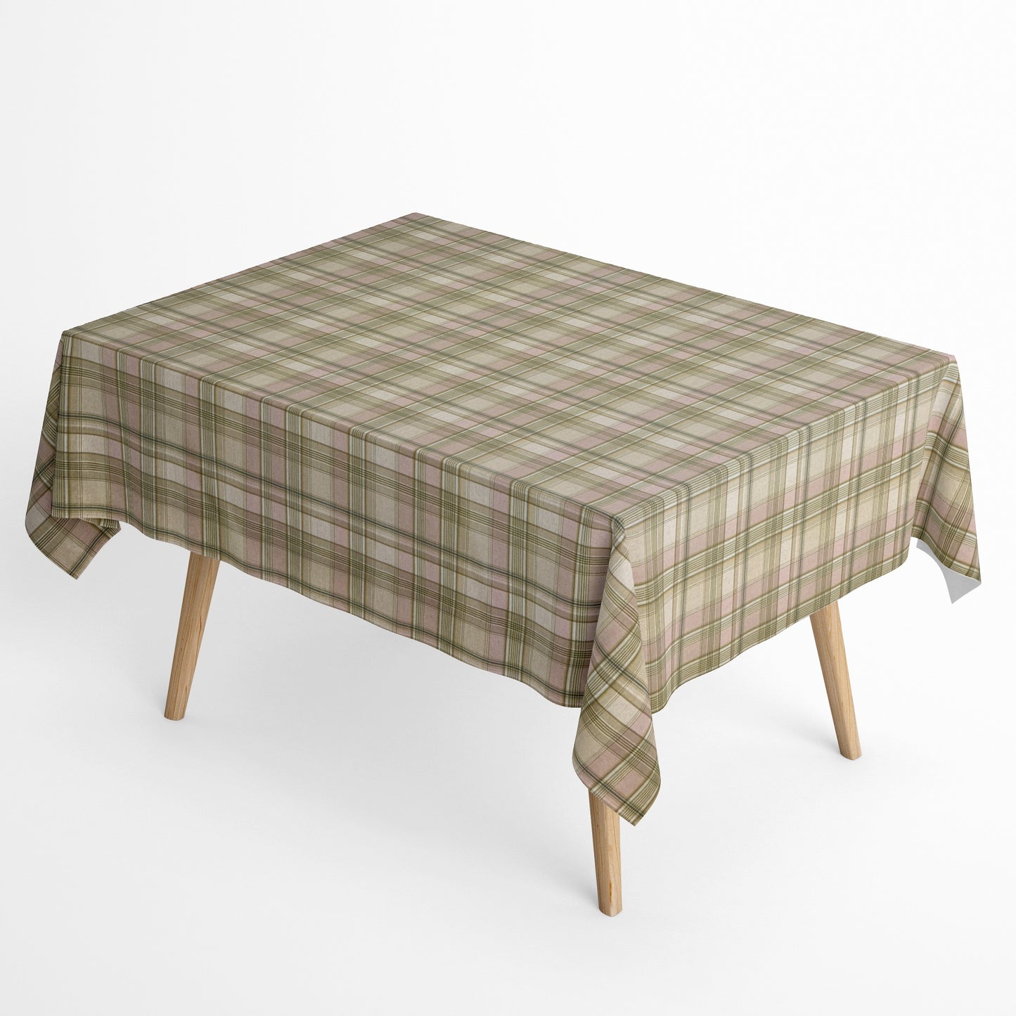 Beschichtete Jacquard-Baumwolltischdecke mit klassischem Karomuster in Beige, Taupe, Olivgrün und Rosé, fleckengeschützt und schmutzabweisend für den täglichen Gebrauch.