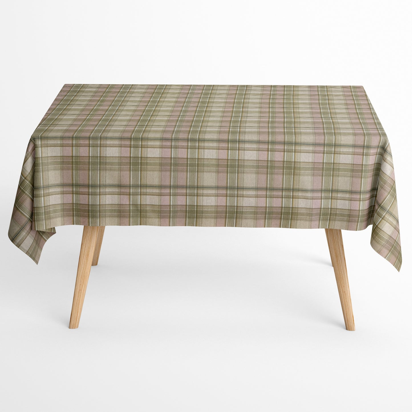 Beschichtete Jacquard-Baumwolltischdecke mit klassischem Karomuster in Beige, Taupe, Olivgrün und Rosé, fleckengeschützt und schmutzabweisend für den täglichen Gebrauch.