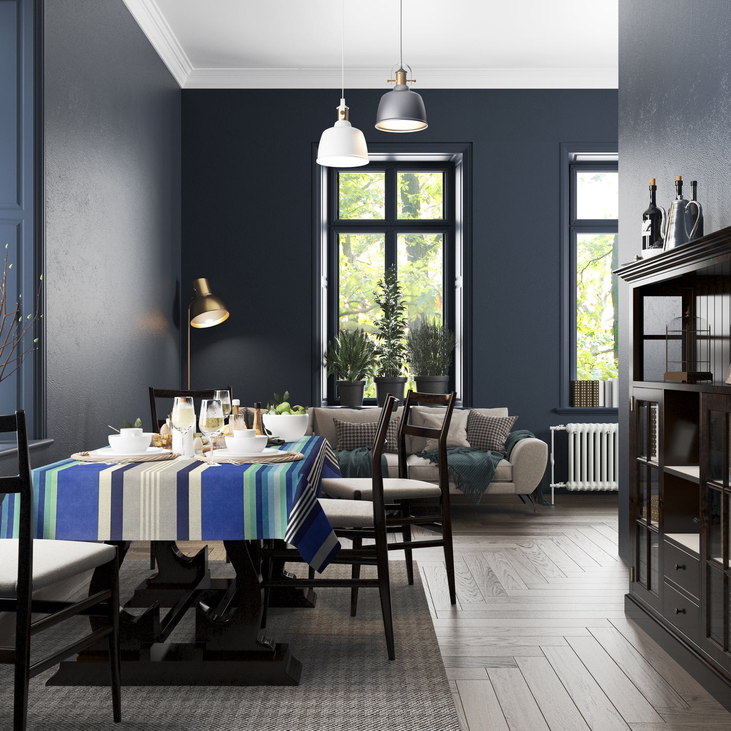 Baumwoll Tischdecke blaue Streifen