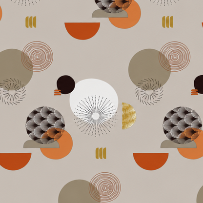 Wachstuch-Tischdecke mit modernem Retro-Kreismuster in Taupe, Beige, Terrakotta und Senfgelb. Abwaschbare Tischdecke mit geometrischem Design für Küche, Esszimmer, Balkon und Garten.