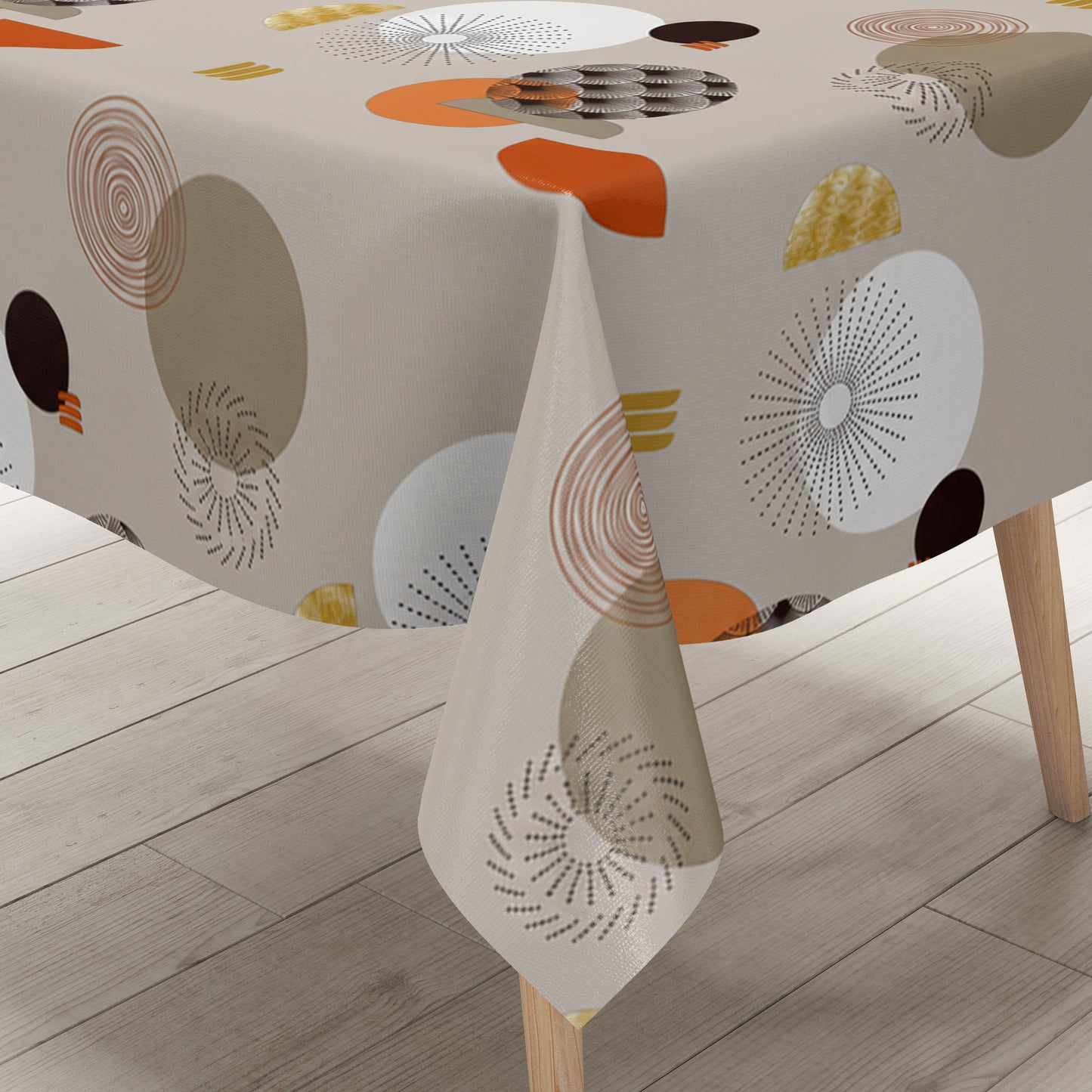Wachstuch-Tischdecke mit modernem Retro-Kreismuster in Taupe, Beige, Terrakotta und Senfgelb. Abwaschbare Tischdecke mit geometrischem Design für Küche, Esszimmer, Balkon und Garten.