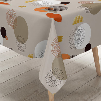 Wachstuch-Tischdecke mit modernem Retro-Kreismuster in Taupe, Beige, Terrakotta und Senfgelb. Abwaschbare Tischdecke mit geometrischem Design für Küche, Esszimmer, Balkon und Garten.