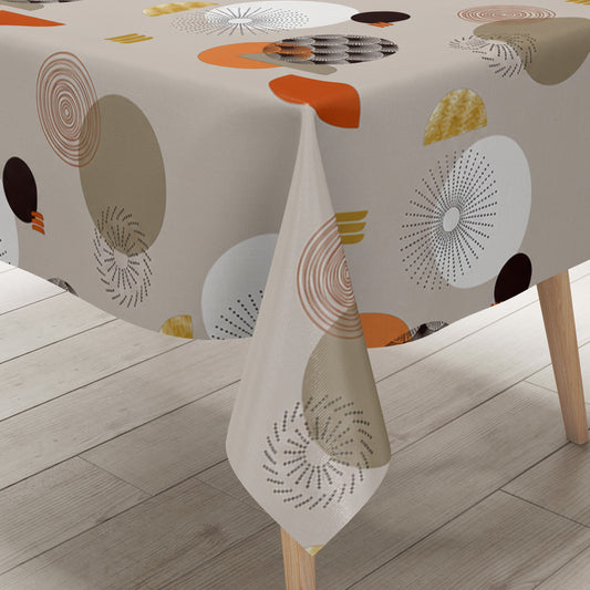 Wachstuch-Tischdecke mit modernem Retro-Kreismuster in Taupe, Beige, Terrakotta und Senfgelb. Abwaschbare Tischdecke mit geometrischem Design für Küche, Esszimmer, Balkon und Garten.