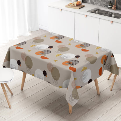 Wachstuch-Tischdecke mit modernem Retro-Kreismuster in Taupe, Beige, Terrakotta und Senfgelb. Abwaschbare Tischdecke mit geometrischem Design für Küche, Esszimmer, Balkon und Garten.