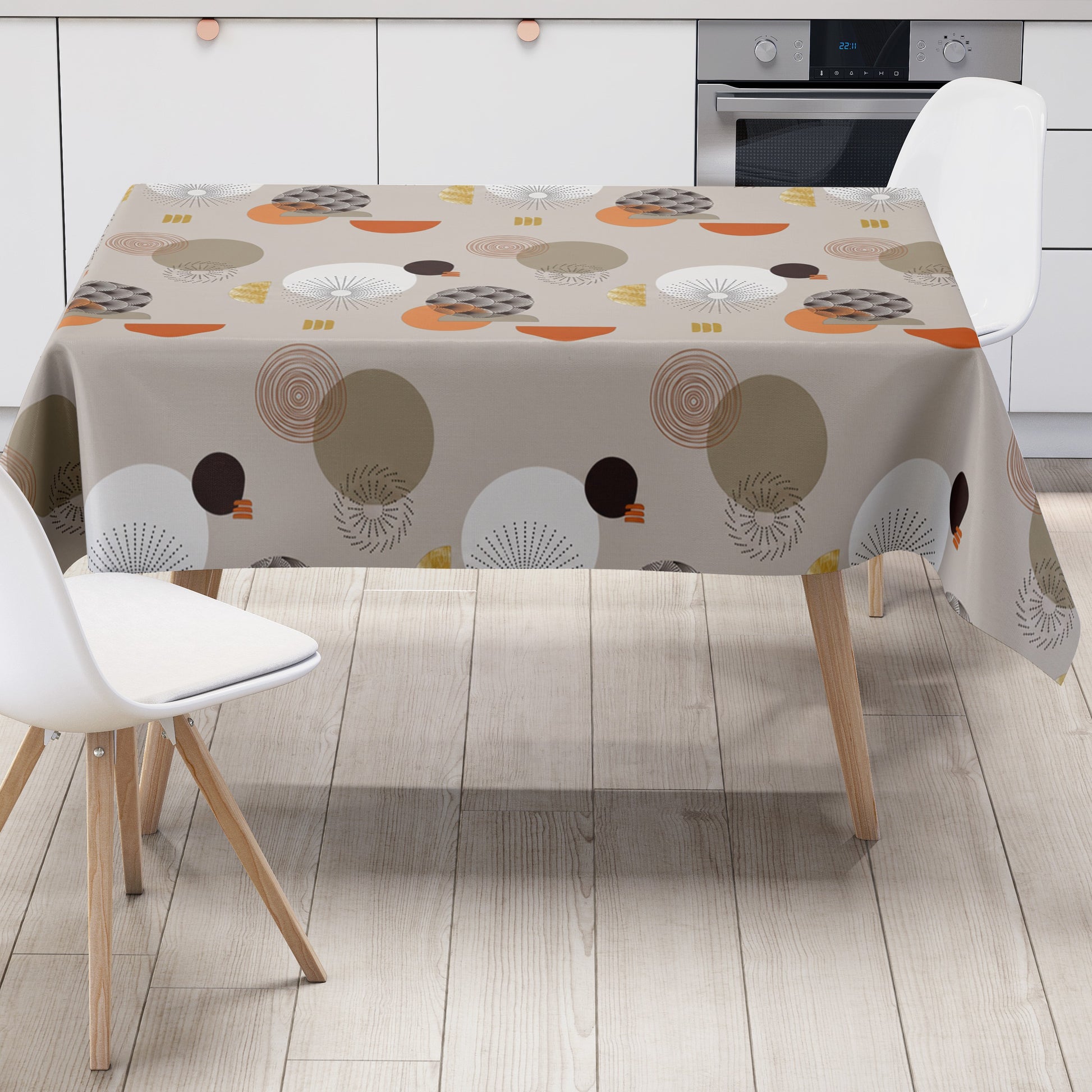 Wachstuch-Tischdecke mit modernem Retro-Kreismuster in Taupe, Beige, Terrakotta und Senfgelb. Abwaschbare Tischdecke mit geometrischem Design für Küche, Esszimmer, Balkon und Garten.