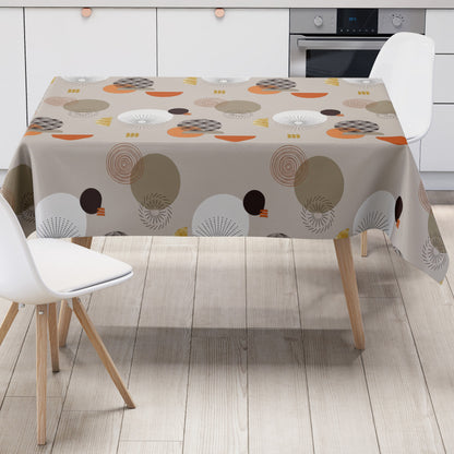 Wachstuch-Tischdecke mit modernem Retro-Kreismuster in Taupe, Beige, Terrakotta und Senfgelb. Abwaschbare Tischdecke mit geometrischem Design für Küche, Esszimmer, Balkon und Garten.