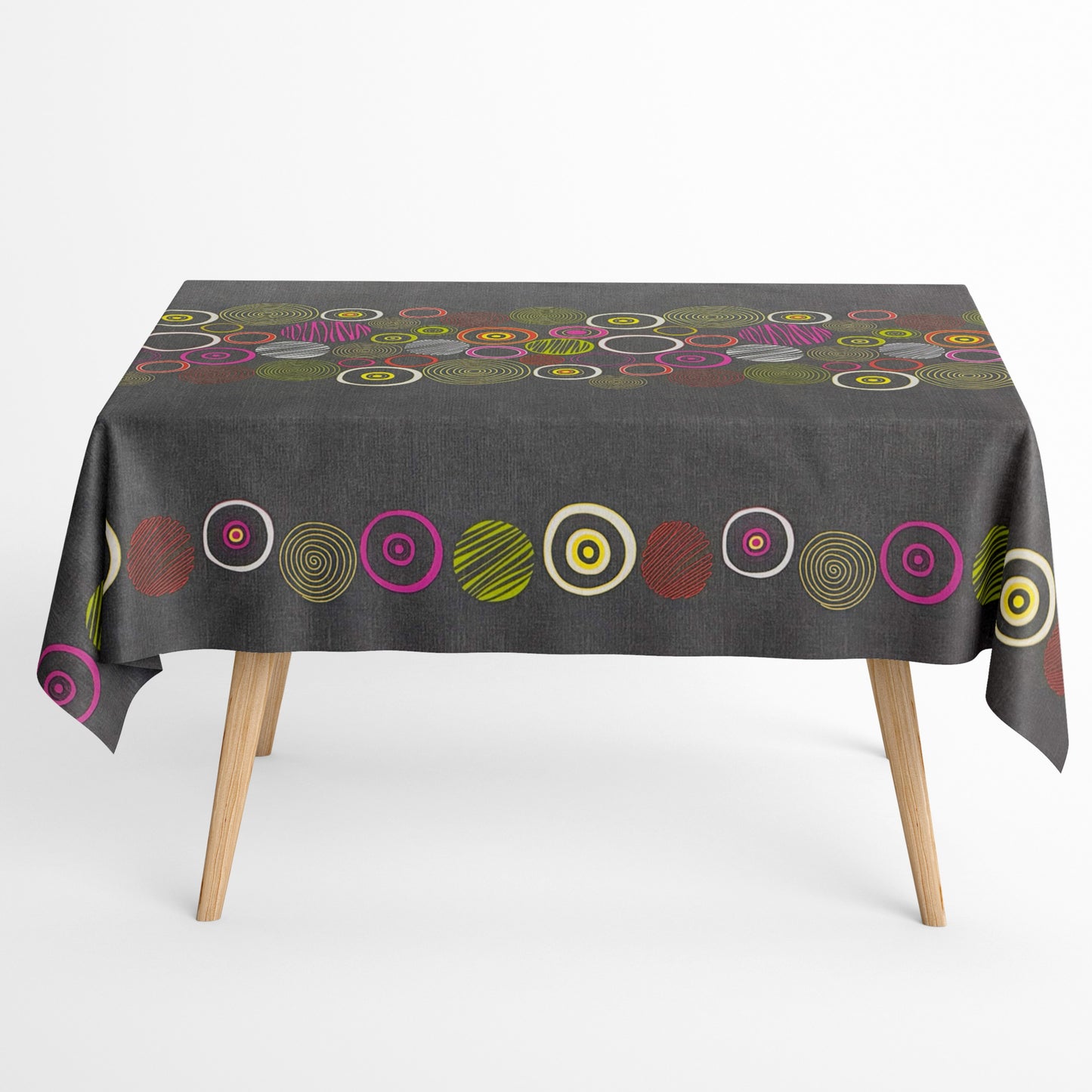 Jacquard Tischdecke aus beschichteter Baumwolle mit Fleckenschutz DUNE24 grau bunte Kreise Linien eckig rund oval