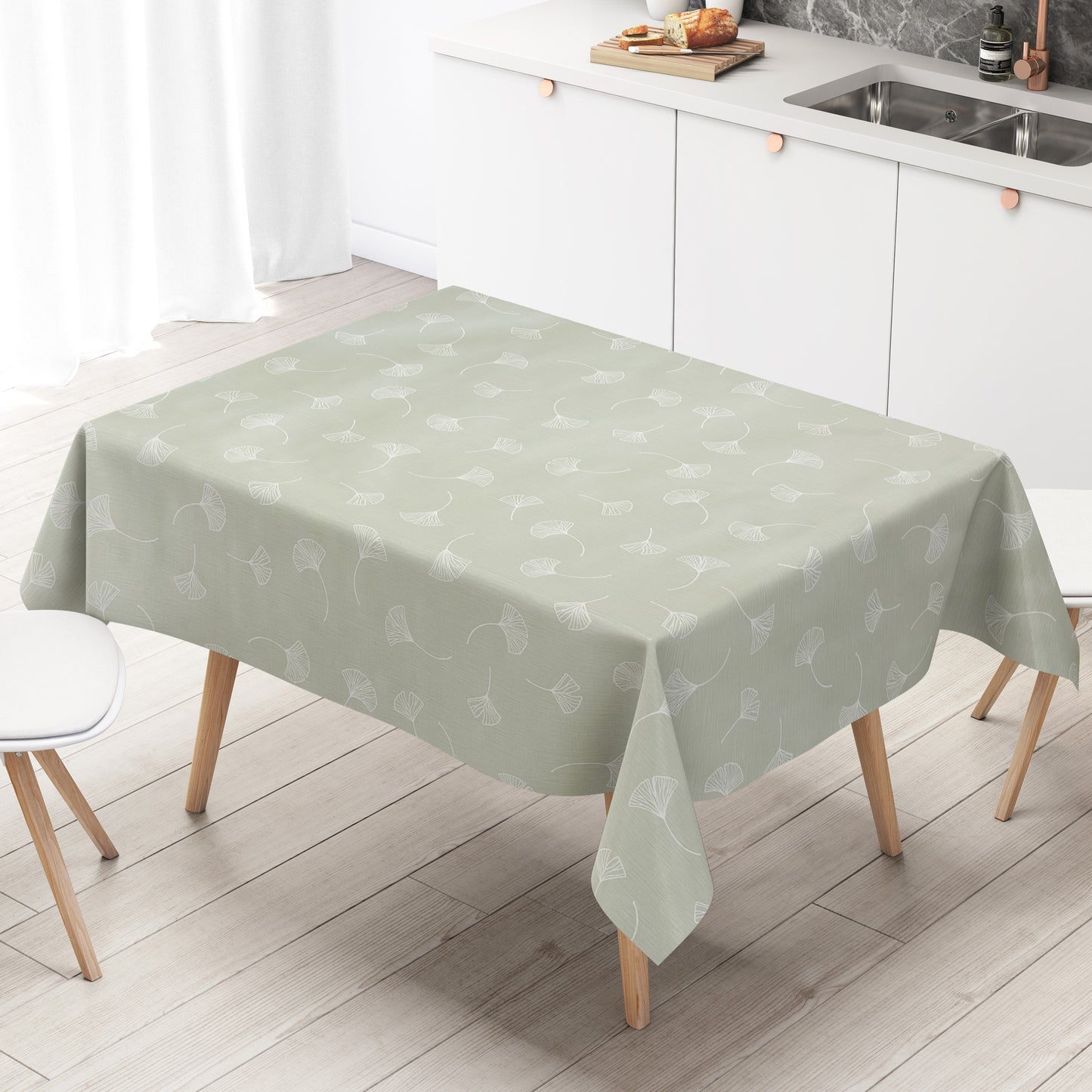 Wachstuch Tischdecke it Ginkgoblättern auf mintgrün