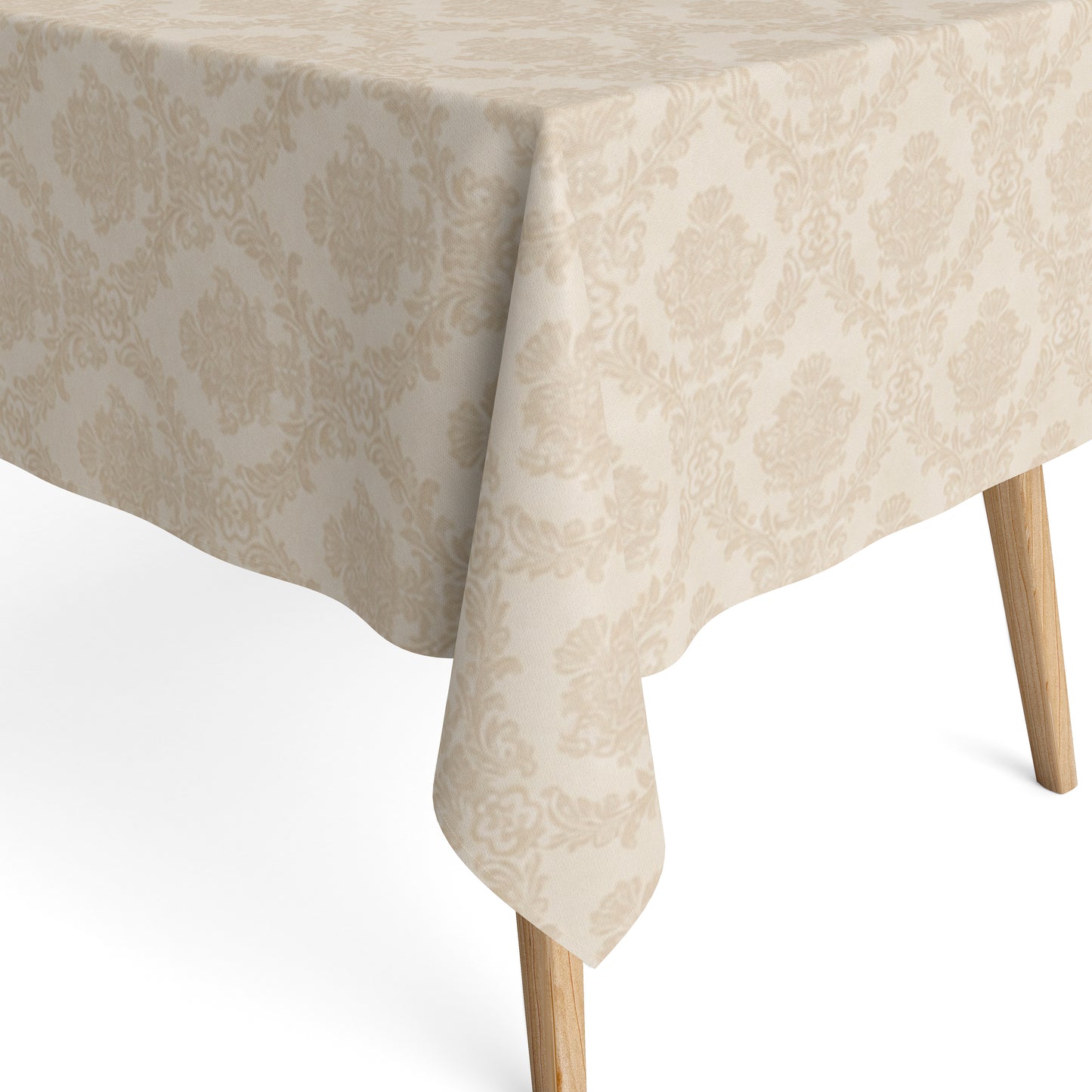 Beige Jacquard-Tischdecke aus beschichteter Baumwolle mit elegantem Ornamentmuster und Fleckenschutz.