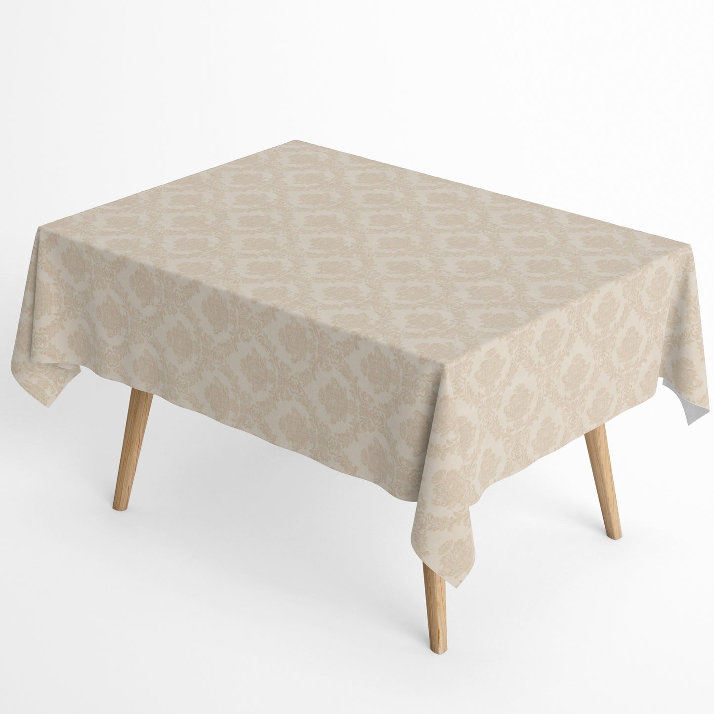 Beige Jacquard-Tischdecke aus beschichteter Baumwolle mit elegantem Ornamentmuster und Fleckenschutz.