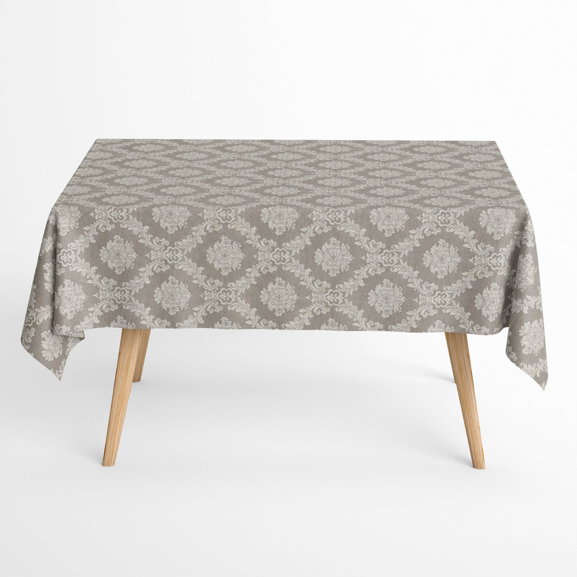 Rechteckige Tischdecke in Taupe aus beschichteter Baumwolle mit elegantem Jacquard-Damastmuster.