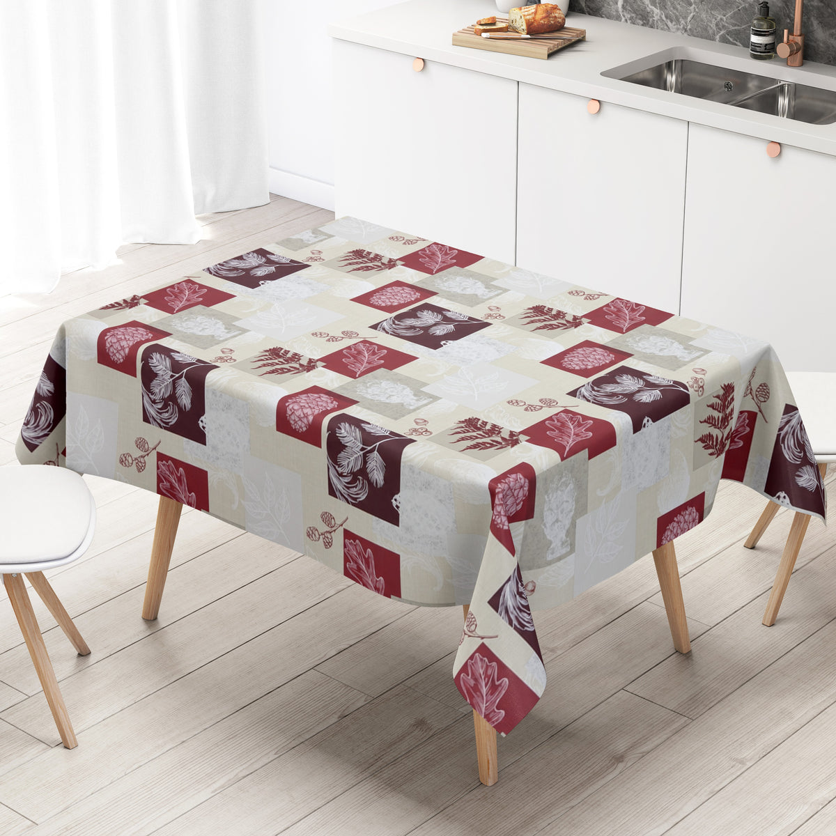 Wachstuch Tischdecke mit herbstlichem Motiv wie Eicheln, Laub und Blättern