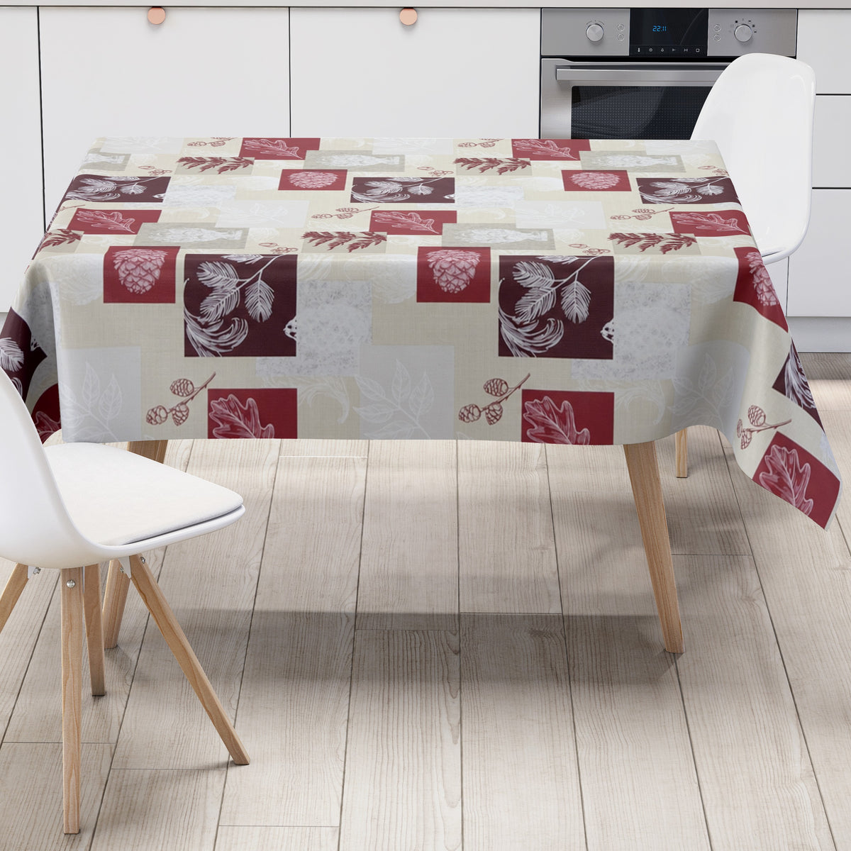 Wachstuch Tischdecke mit herbstlichem Motiv wie Eicheln, Laub und Blättern