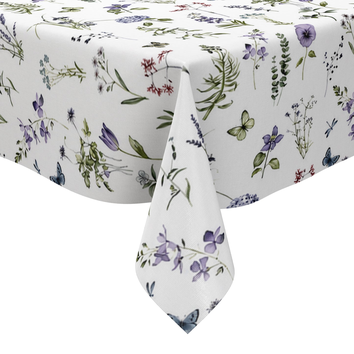Weiße Wachstuch-Tischdecke mit zartem Wiesenblumen-Muster aus Wildblumen, Gräsern, Schmetterlingen und Libellen in sanften Violett-, Blau- und Grüntönen.