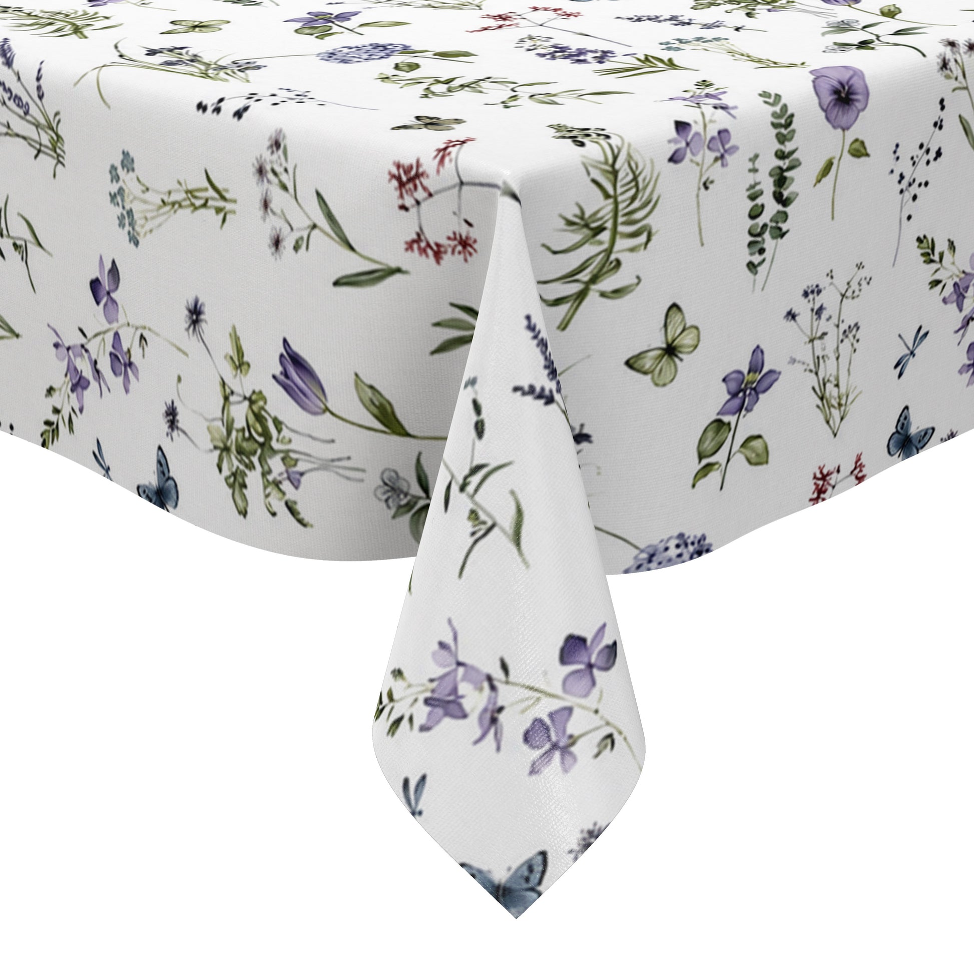 Weiße Wachstuch-Tischdecke mit zartem Wiesenblumen-Muster aus Wildblumen, Gräsern, Schmetterlingen und Libellen in sanften Violett-, Blau- und Grüntönen.