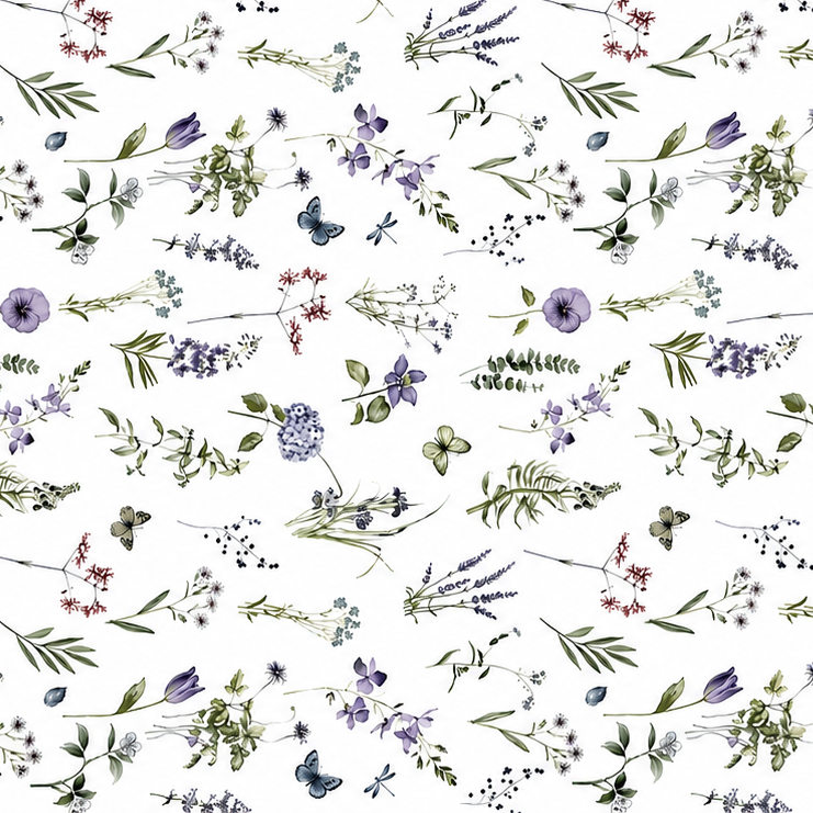 Weiße Wachstuch-Tischdecke mit zartem Wiesenblumen-Muster aus Wildblumen, Gräsern, Schmetterlingen und Libellen in sanften Violett-, Blau- und Grüntönen.