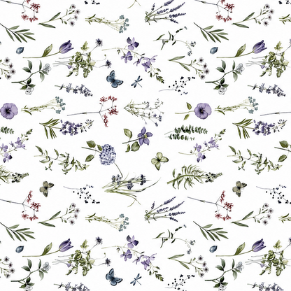 Weiße Wachstuch-Tischdecke mit zartem Wiesenblumen-Muster aus Wildblumen, Gräsern, Schmetterlingen und Libellen in sanften Violett-, Blau- und Grüntönen.
