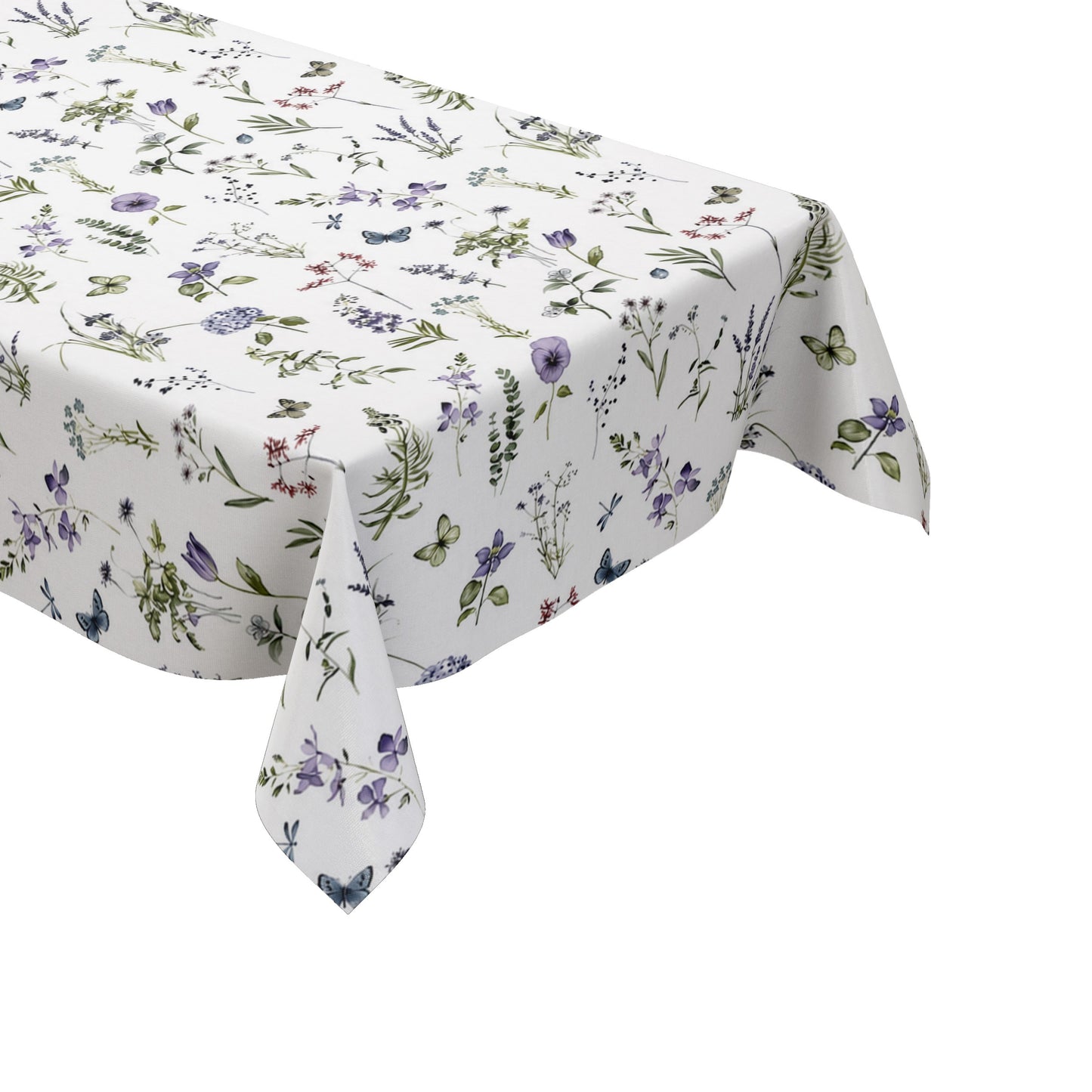 Weiße Wachstuch-Tischdecke mit zartem Wiesenblumen-Muster aus Wildblumen, Gräsern, Schmetterlingen und Libellen in sanften Violett-, Blau- und Grüntönen.