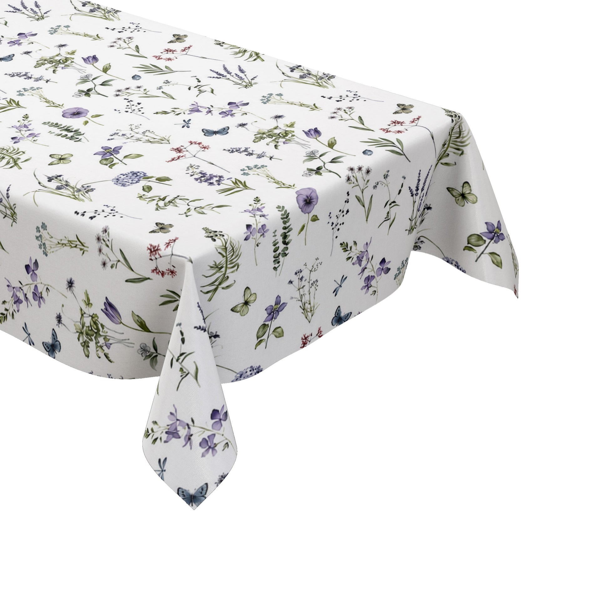 Weiße Wachstuch-Tischdecke mit zartem Wiesenblumen-Muster aus Wildblumen, Gräsern, Schmetterlingen und Libellen in sanften Violett-, Blau- und Grüntönen.