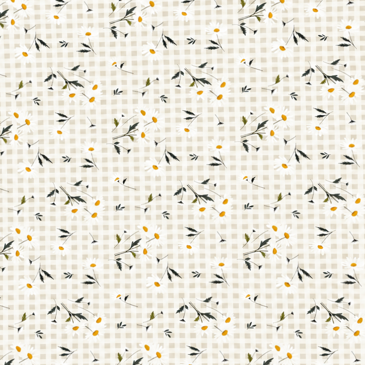 Beige-cremefarbene Wachstuch-Tischdecke mit feinem Karomuster und zarten weißen Margeriten, gelben Blütenmitten sowie filigranen grün-grauen Blättern im harmonischen Landhausdesign.