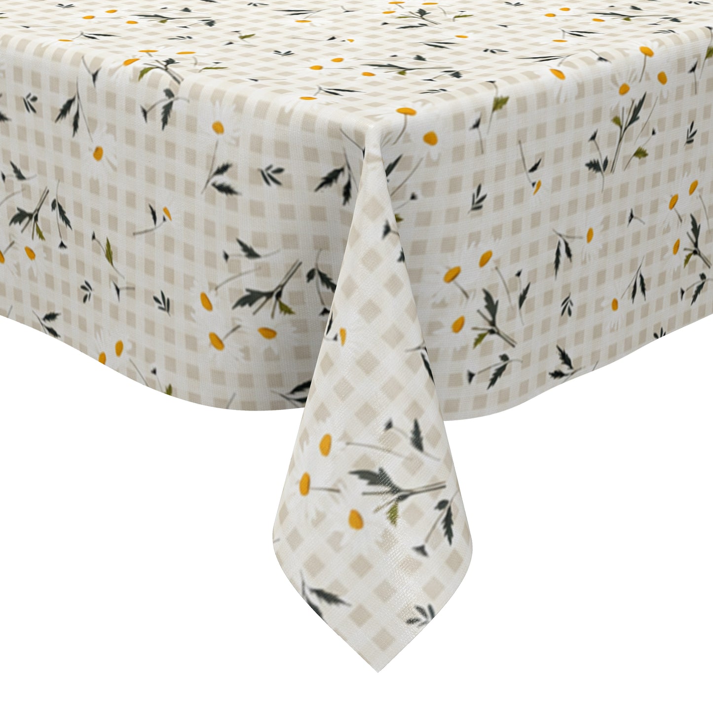 Beige-cremefarbene Wachstuch-Tischdecke mit feinem Karomuster und zarten weißen Margeriten, gelben Blütenmitten sowie filigranen grün-grauen Blättern im harmonischen Landhausdesign.