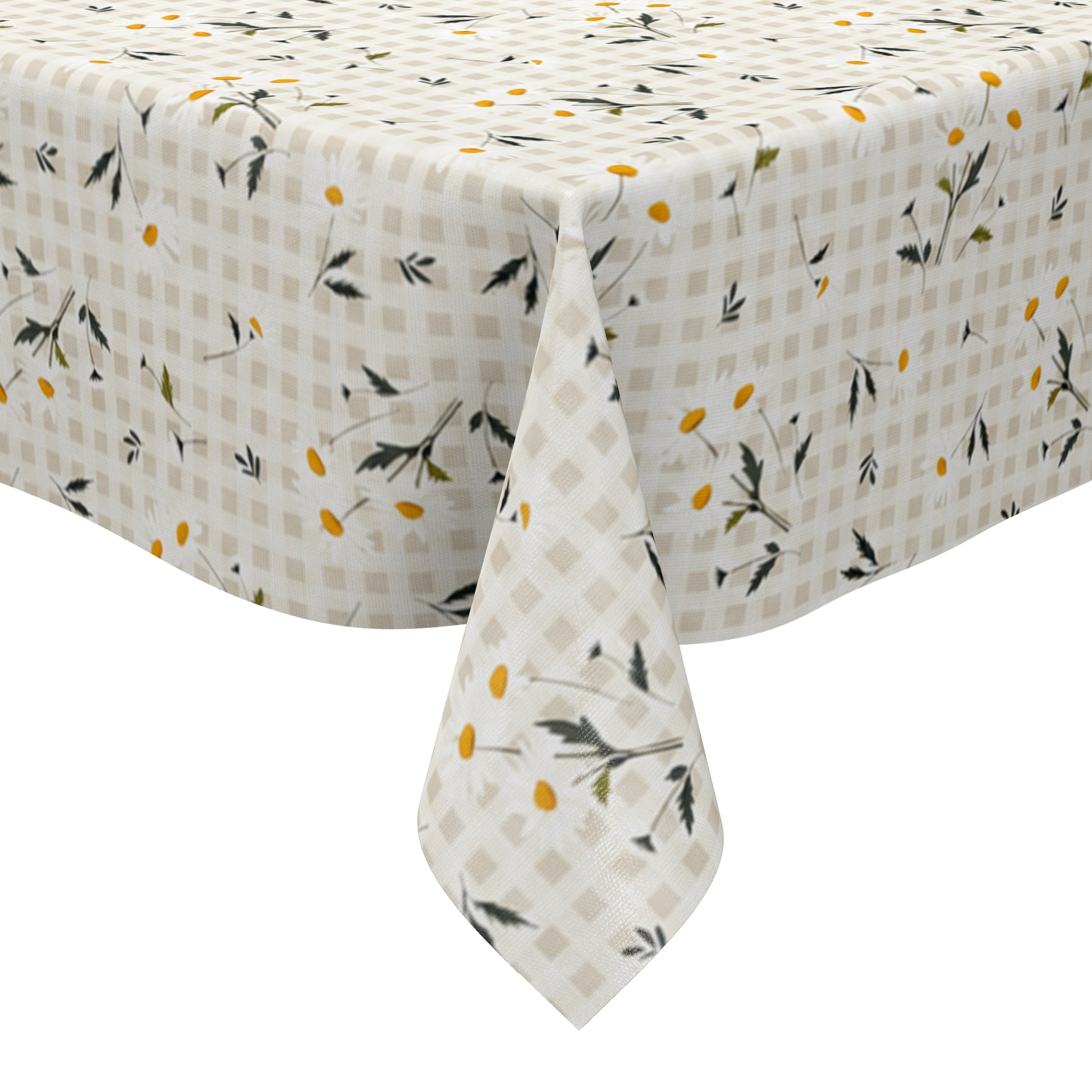 Beige-cremefarbene Wachstuch-Tischdecke mit feinem Karomuster und zarten weißen Margeriten, gelben Blütenmitten sowie filigranen grün-grauen Blättern im harmonischen Landhausdesign.