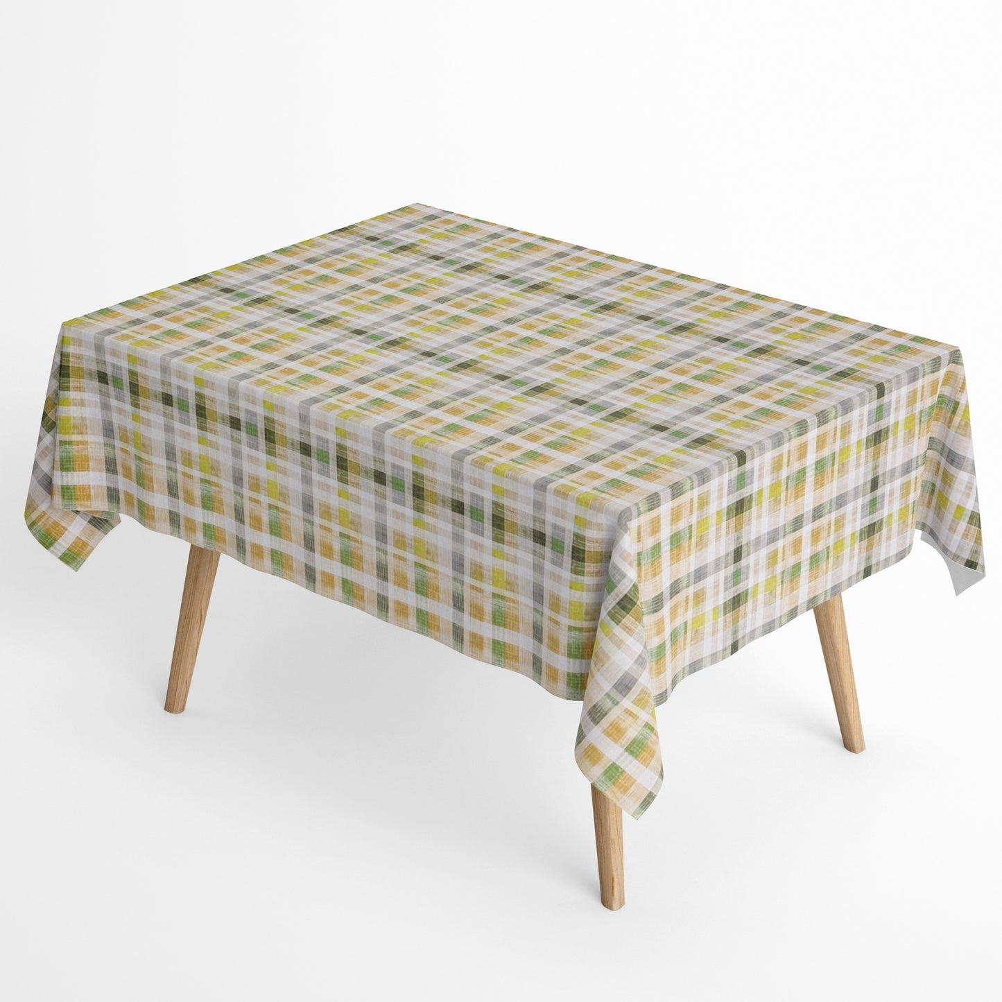 Jacquard Tischdecke aus beschichteter Baumwolle mit Karomuster in Grün-, Gelb- und Naturtönen, fleckenabweisend und pflegeleicht.